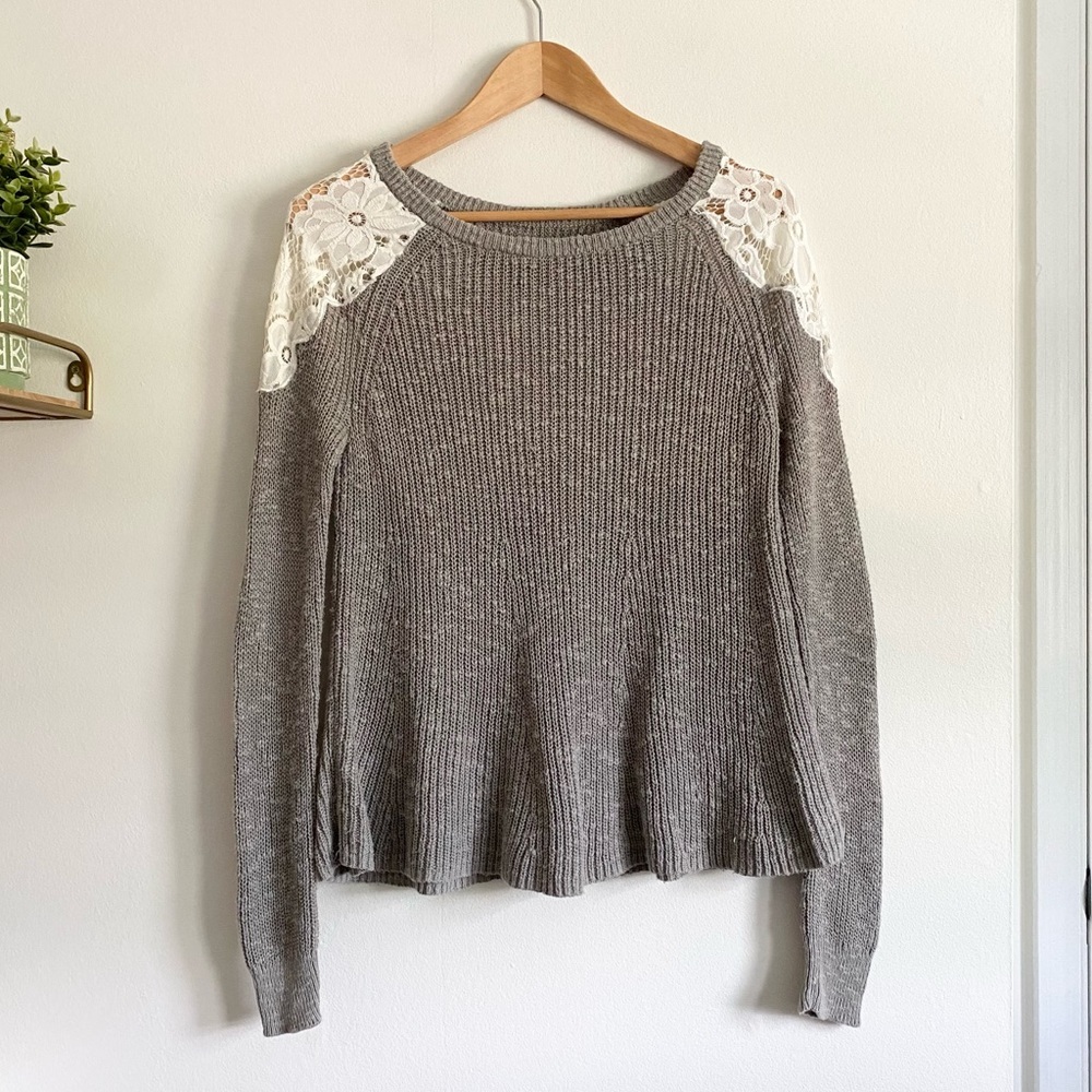 Hollister Gray Knit Sweater with Lace Shoulder